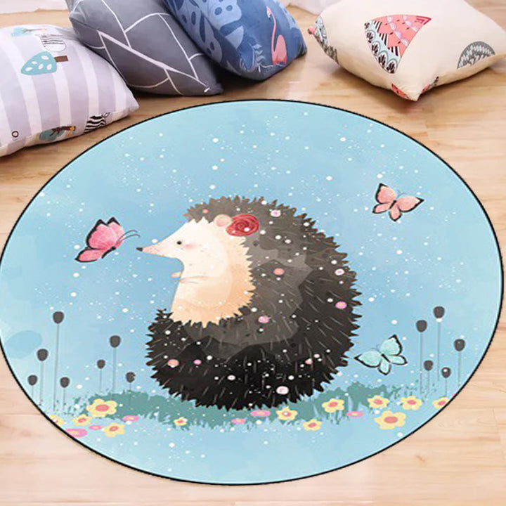 Lisslune | Kids Bedroom Carpet in Blue Animal Elephant Rabbit Hedgehog Print Carpet Polyester Pet-Friendly Area Rug