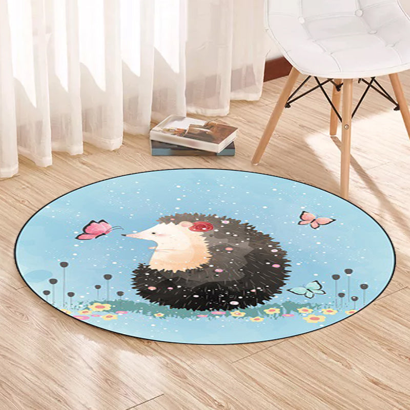 Lisslune | Kids Bedroom Carpet in Blue Animal Elephant Rabbit Hedgehog Print Carpet Polyester Pet-Friendly Area Rug