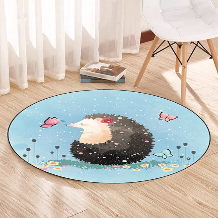 Lisslune | Kids Bedroom Carpet in Blue Animal Elephant Rabbit Hedgehog Print Carpet Polyester Pet-Friendly Area Rug