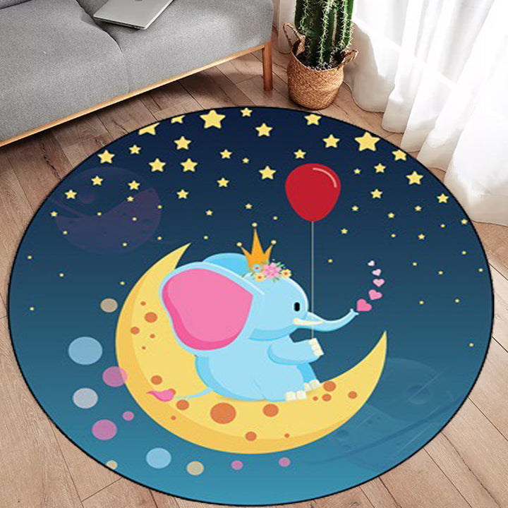 Lisslune | Kids Bedroom Carpet in Blue Animal Elephant Rabbit Hedgehog Print Carpet Polyester Pet-Friendly Area Rug