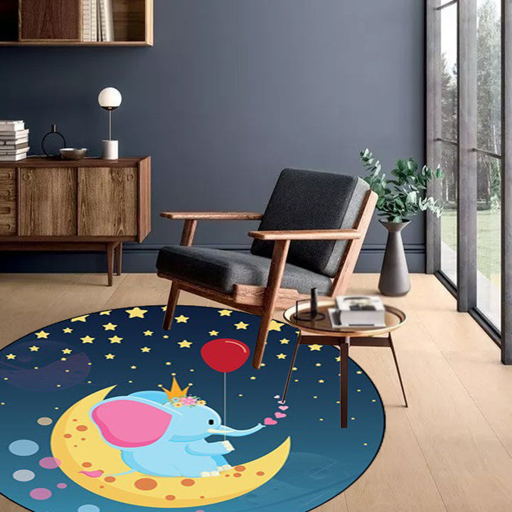 Lisslune | Kids Bedroom Carpet in Blue Animal Elephant Rabbit Hedgehog Print Carpet Polyester Pet-Friendly Area Rug