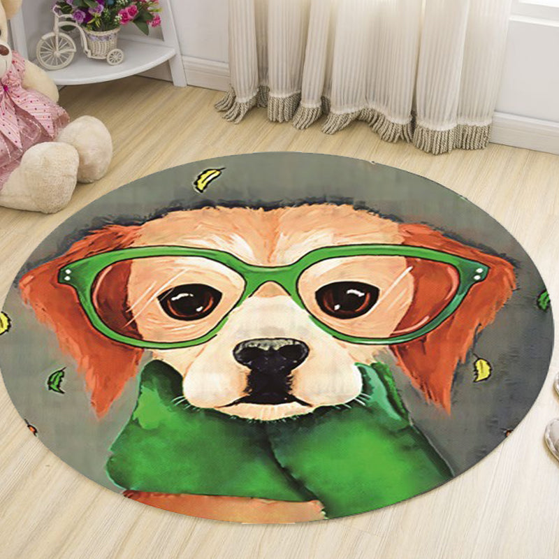 Lisslune | Gray and Green Children's Room Carpet Kids Animal Dog Glasses Pattern Area Rug Polyester Non-Slip Machine Washable Rug