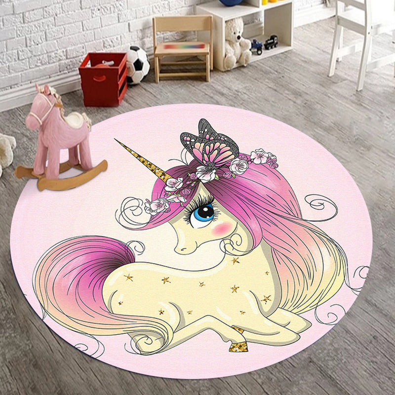 Lisslune | Kids Bedroom Rug in Pink Animal Unicorn Butterfly Floral Print Rug Polyester Non-Slip Back Rug