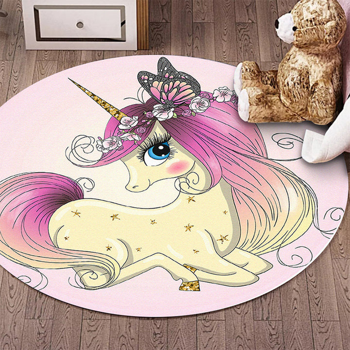 Lisslune | Kids Bedroom Rug in Pink Animal Unicorn Butterfly Floral Print Rug Polyester Non-Slip Back Rug