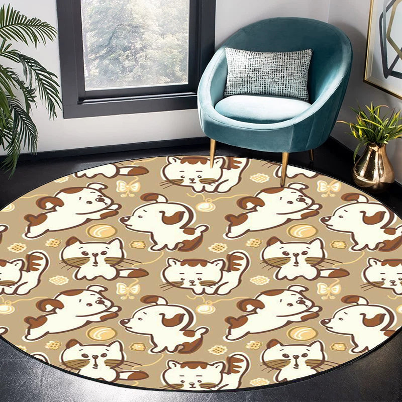 Lisslune | Children's room carpet in brown and pink animal dog cat print carpet polyester non-slip back carpet