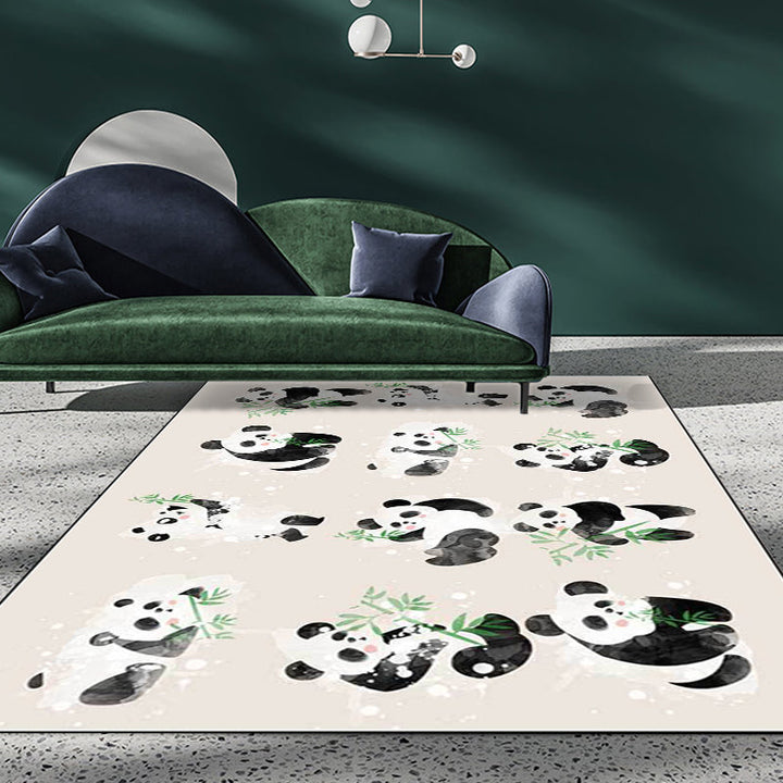 Lisslune | Ivory Kids Room Rug Kids Animal Panda Bird Pattern Rug Polyester Non-Slip Machine Washable Rug