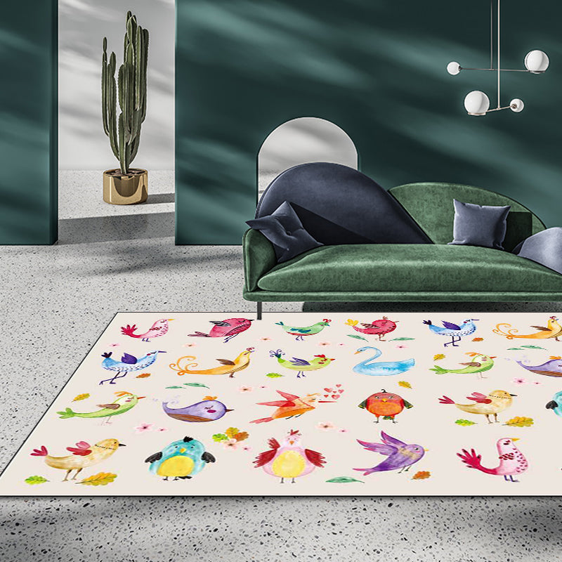 Lisslune | Ivory Kids Room Rug Kids Animal Panda Bird Pattern Rug Polyester Non-Slip Machine Washable Rug