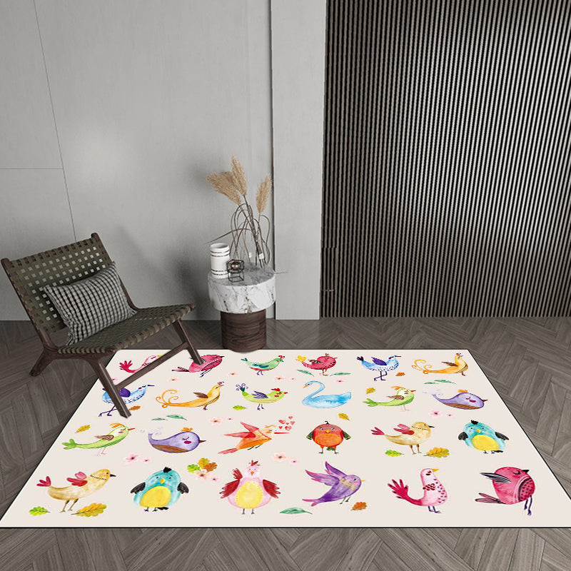 Lisslune | Ivory Kids Room Rug Kids Animal Panda Bird Pattern Rug Polyester Non-Slip Machine Washable Rug