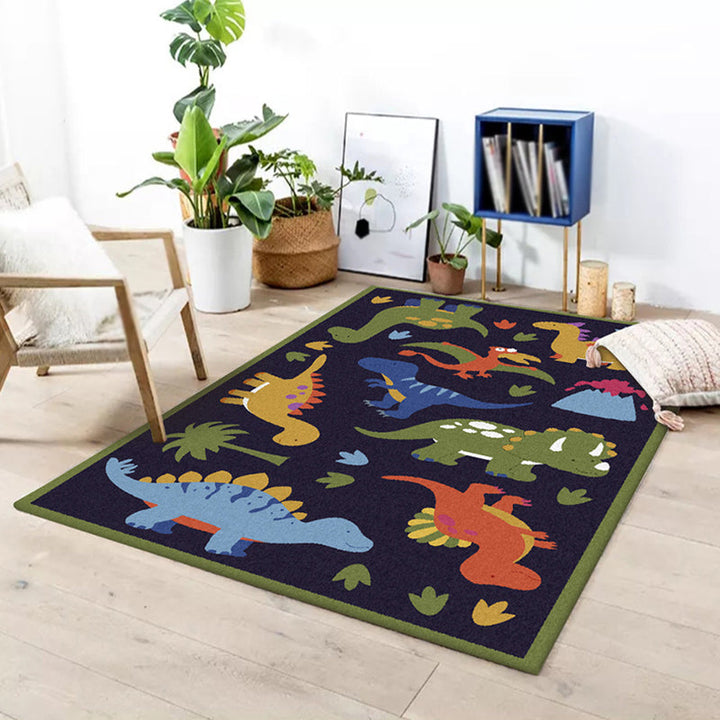 Lisslune | Beautiful children's rug in blue animal dinosaur grass pattern rug polyester stain-resistant rug for the children's room