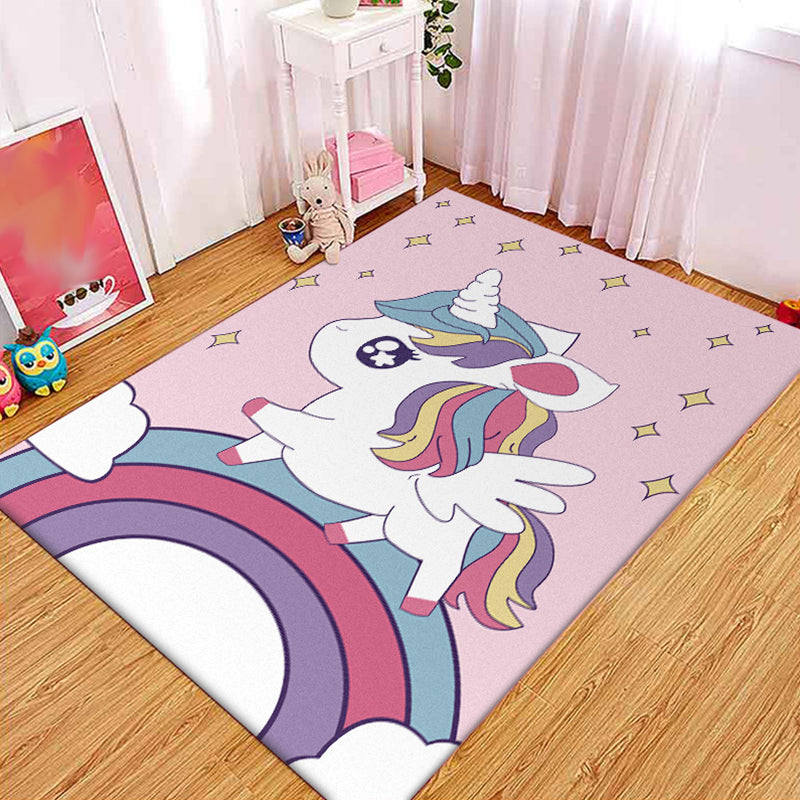 Lisslune | Pink Children's Room Carpet Children Animal Unicorn Rainbow Pattern Rug Polyester Non-Slip Backing Carpet