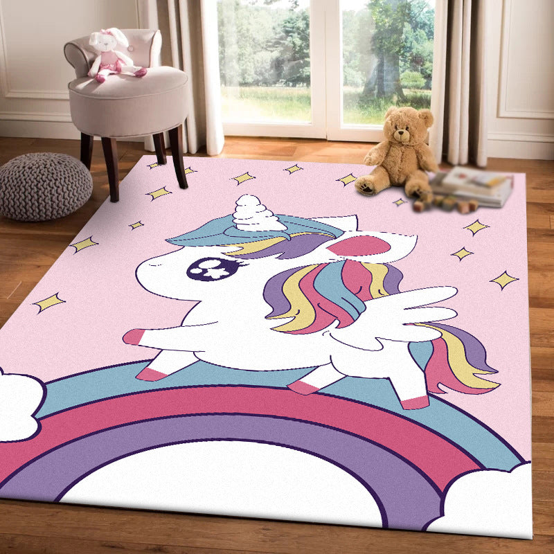 Lisslune | Pink Children's Room Carpet Children Animal Unicorn Rainbow Pattern Rug Polyester Non-Slip Backing Carpet