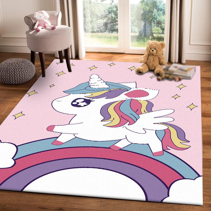 Lisslune | Pink Children's Room Carpet Children Animal Unicorn Rainbow Pattern Rug Polyester Non-Slip Backing Carpet