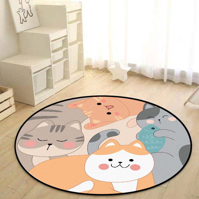 Lisslune | Children's bedroom rug in yellow and brown with animal cat fish print rug polyester non-slip back washable rug