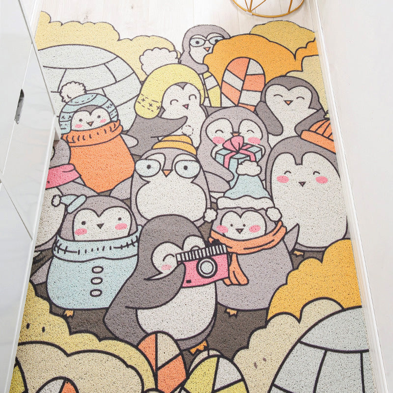 Lisslune | Children Irregular Kids Room Rug in Yellow and Gray Animal Cat Rabbit Penguin Print Rug Polyester Non-slip Area Rug