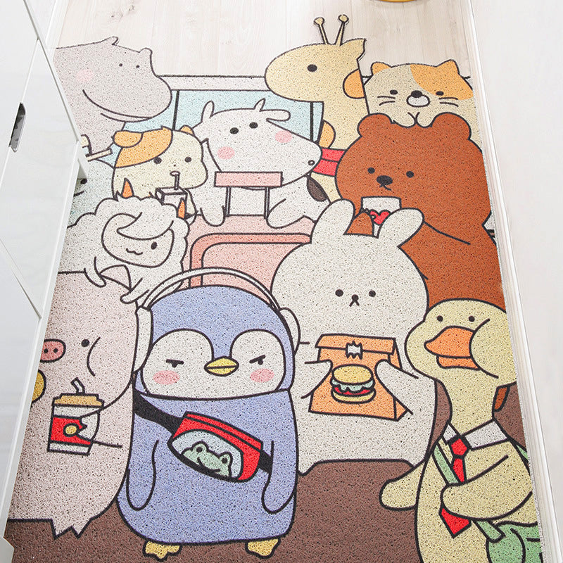Lisslune | Children Irregular Kids Room Rug in Yellow and Gray Animal Cat Rabbit Penguin Print Rug Polyester Non-slip Area Rug