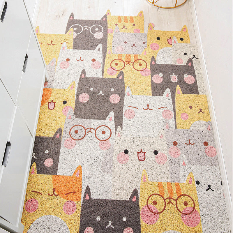 Lisslune | Children Irregular Kids Room Rug in Yellow and Gray Animal Cat Rabbit Penguin Print Rug Polyester Non-slip Area Rug