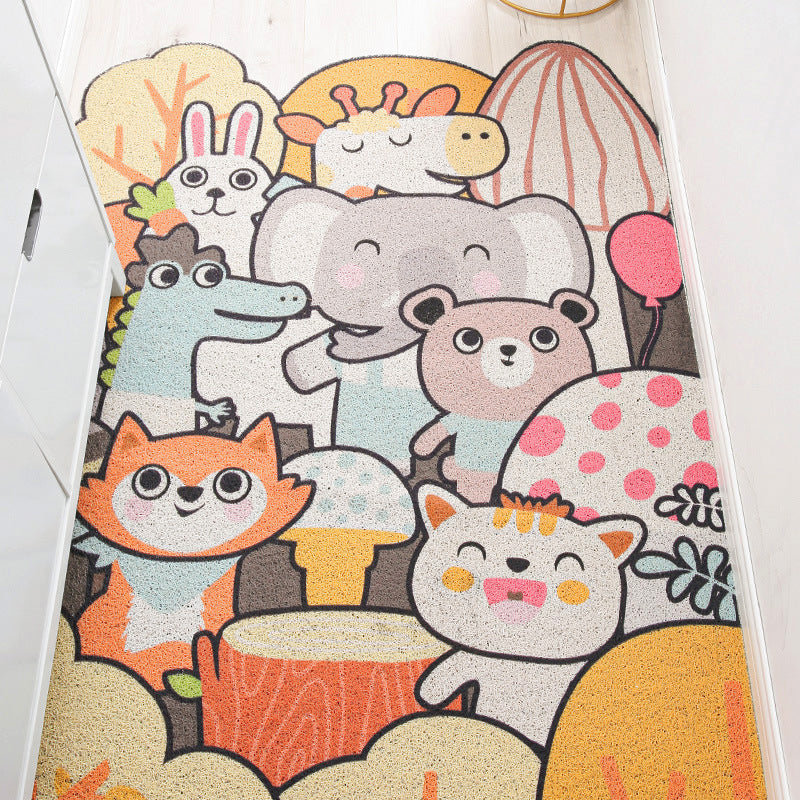 Lisslune | Children Irregular Kids Room Rug in Yellow and Gray Animal Cat Rabbit Penguin Print Rug Polyester Non-slip Area Rug