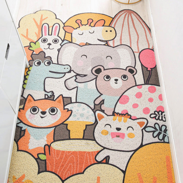 Lisslune | Children Irregular Kids Room Rug in Yellow and Gray Animal Cat Rabbit Penguin Print Rug Polyester Non-slip Area Rug