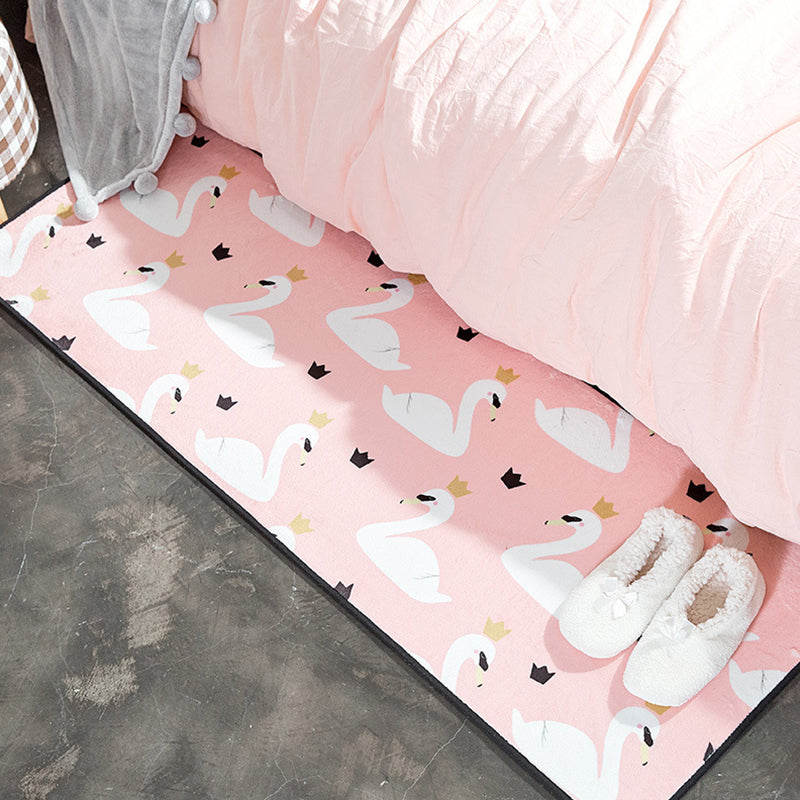 Lisslune | Casual Kids Carpet in Pink Animal Swan Crown Pattern Carpet Polyester Non-Slip Rug for Children's Room