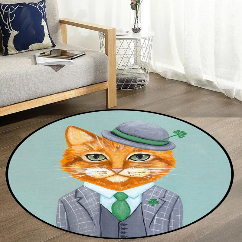 Lisslune | Kids Bedroom Carpet in Green and Blue Animal Cat Glass Print Carpet Polyester Pet-Friendly Area Rug