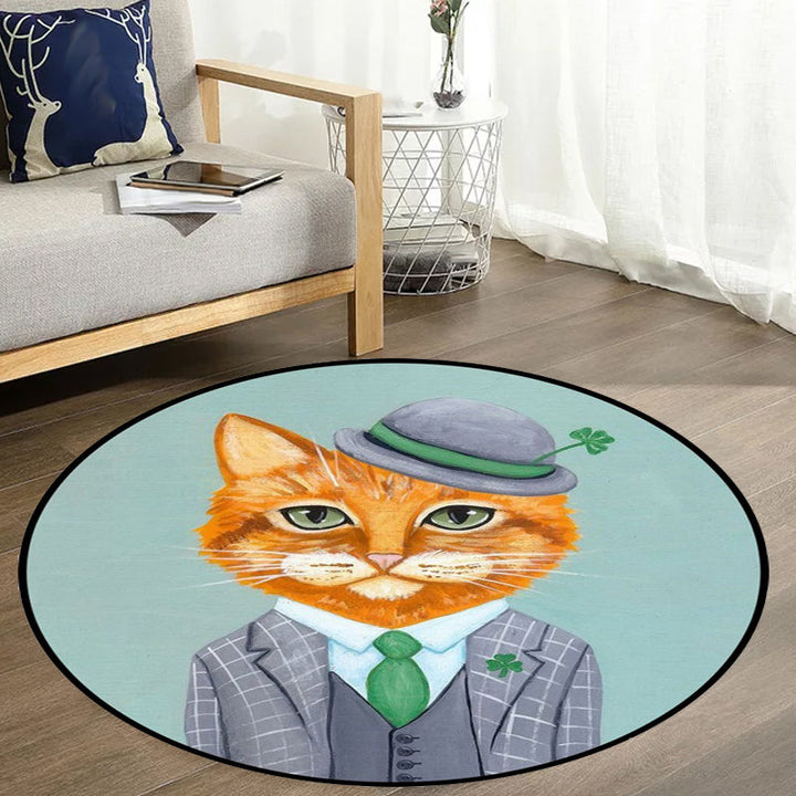 Lisslune | Kids Bedroom Carpet in Green and Blue Animal Cat Glass Print Carpet Polyester Pet-Friendly Area Rug