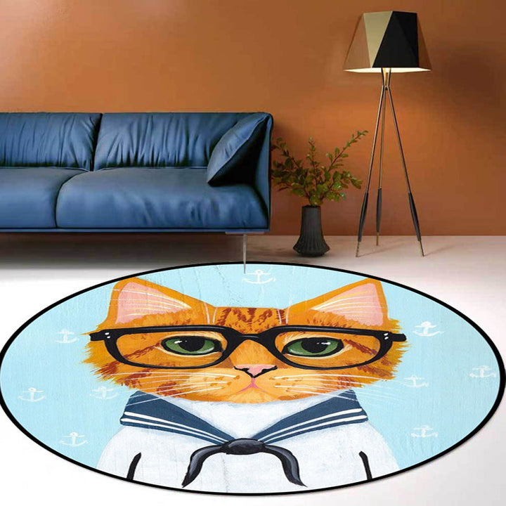 Lisslune | Kids Bedroom Carpet in Green and Blue Animal Cat Glass Print Carpet Polyester Pet-Friendly Area Rug