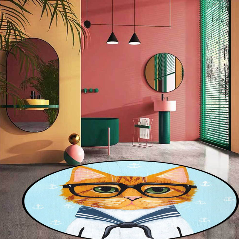 Lisslune | Kids Bedroom Carpet in Green and Blue Animal Cat Glass Print Carpet Polyester Pet-Friendly Area Rug