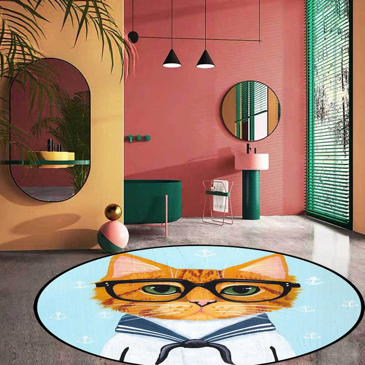 Lisslune | Kids Bedroom Carpet in Green and Blue Animal Cat Glass Print Carpet Polyester Pet-Friendly Area Rug