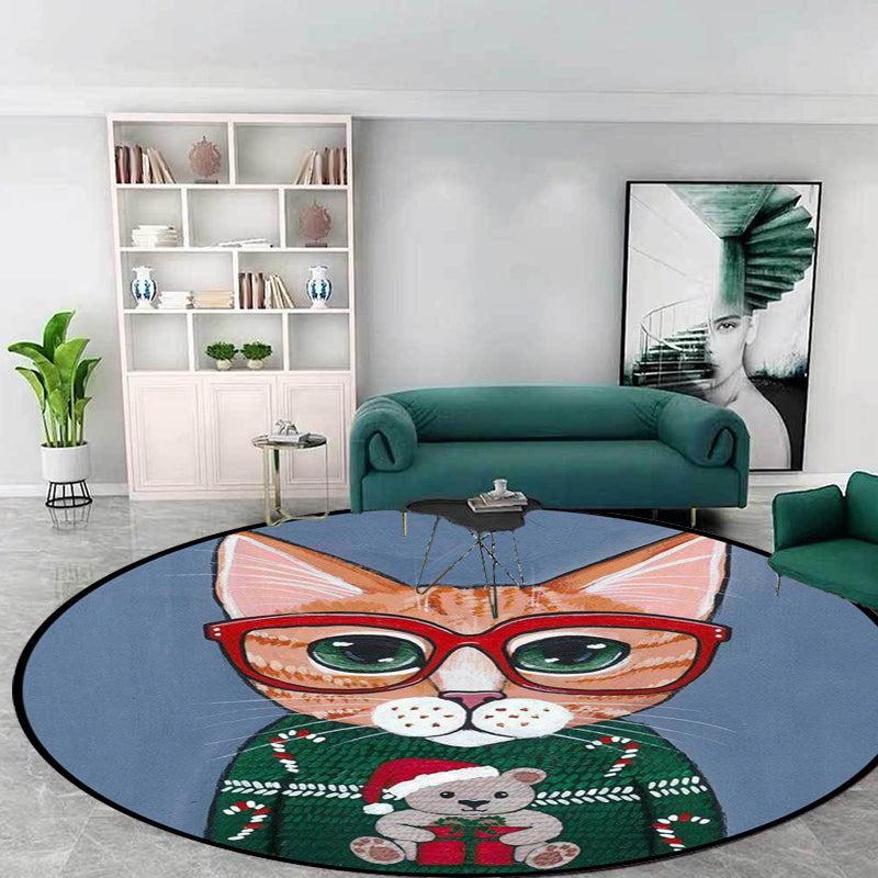 Lisslune | Kids Bedroom Carpet in Green and Blue Animal Cat Glass Print Carpet Polyester Pet-Friendly Area Rug