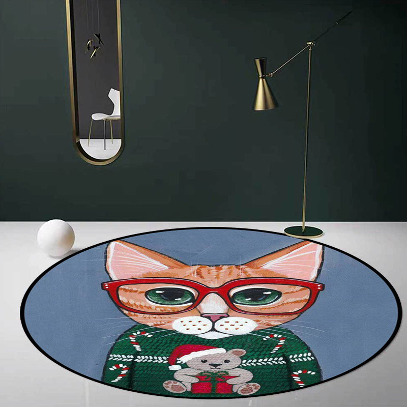 Lisslune | Kids Bedroom Carpet in Green and Blue Animal Cat Glass Print Carpet Polyester Pet-Friendly Area Rug