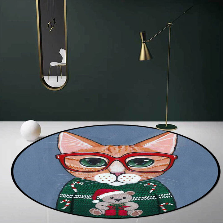 Lisslune | Kids Bedroom Carpet in Green and Blue Animal Cat Glass Print Carpet Polyester Pet-Friendly Area Rug