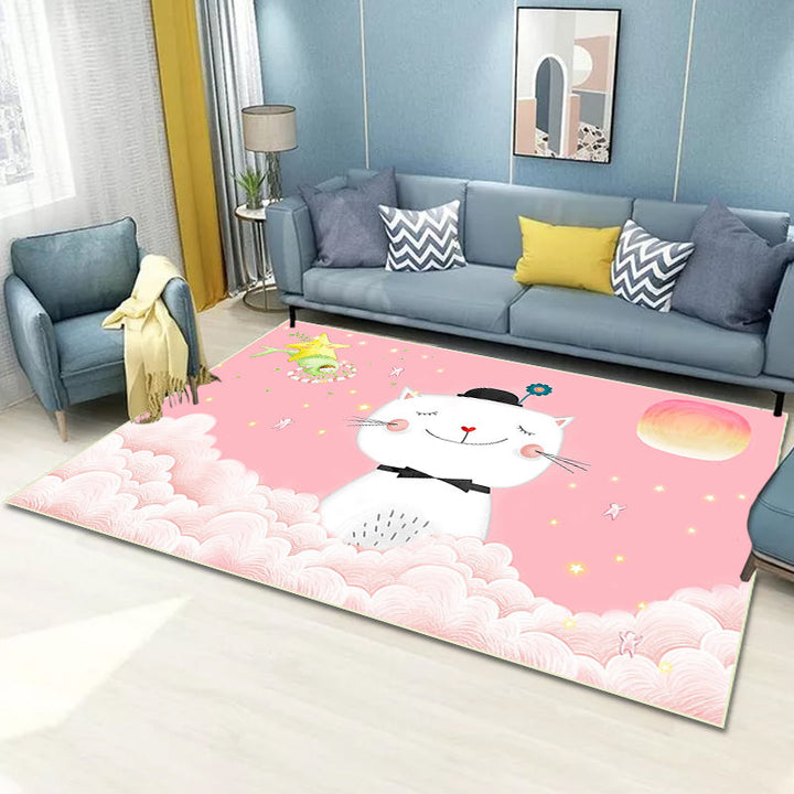 Lisslune | Casual Kids Rug in Pink Animal Cat Cloud Pattern Rug Polyester Non-Slip Back Washable Rug for the Kids Room