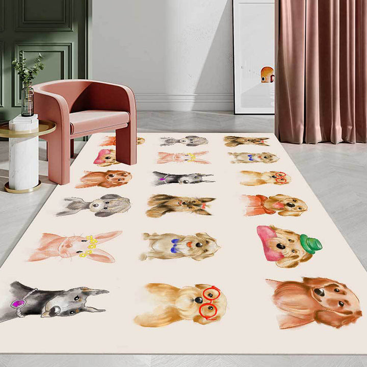 Lisslune | Kids Bedroom Rug in Ivory Animal Dog Cat Pig Print Rug Polyester Non-Slip Back Area Rug