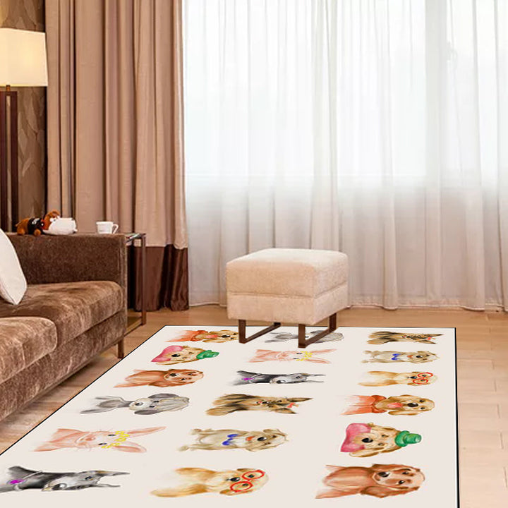 Lisslune | Kids Bedroom Rug in Ivory Animal Dog Cat Pig Print Rug Polyester Non-Slip Back Area Rug