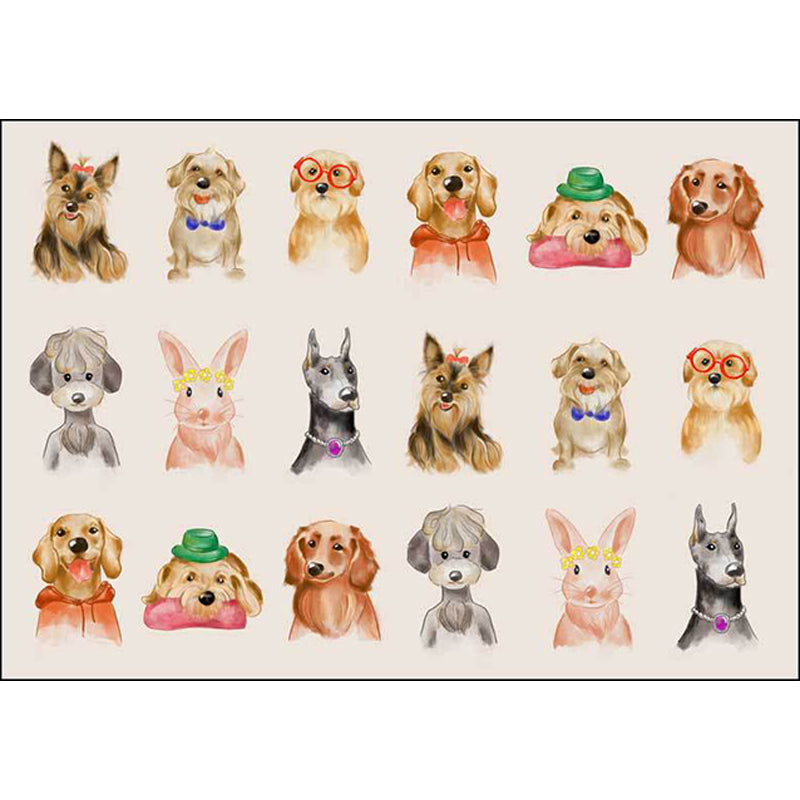 Lisslune | Kids Bedroom Rug in Ivory Animal Dog Cat Pig Print Rug Polyester Non-Slip Back Area Rug