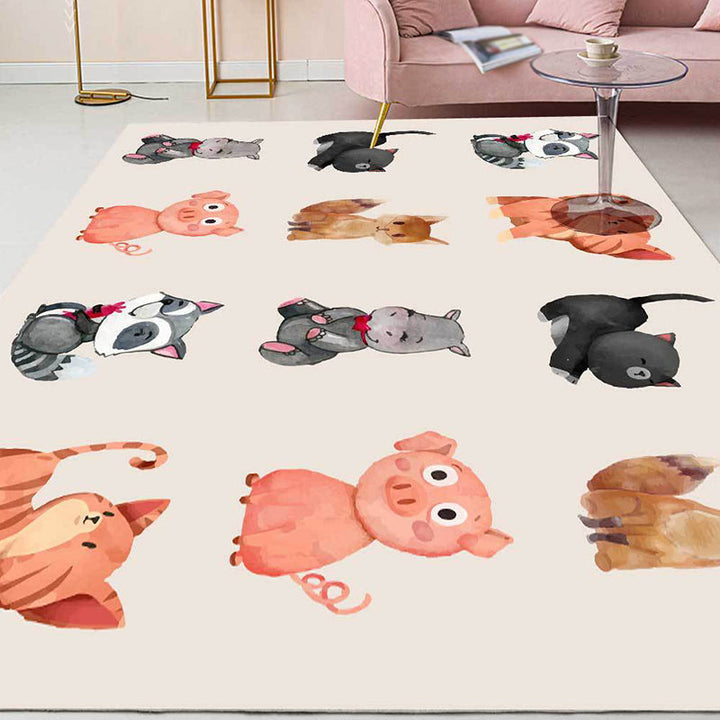 Lisslune | Kids Bedroom Rug in Ivory Animal Dog Cat Pig Print Rug Polyester Non-Slip Back Area Rug