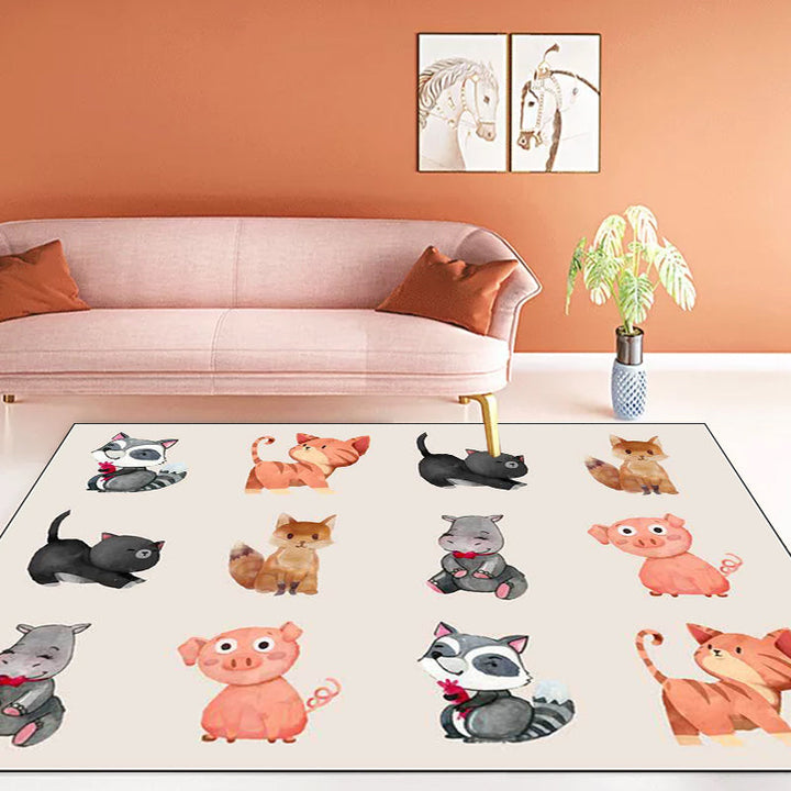 Lisslune | Kids Bedroom Rug in Ivory Animal Dog Cat Pig Print Rug Polyester Non-Slip Back Area Rug