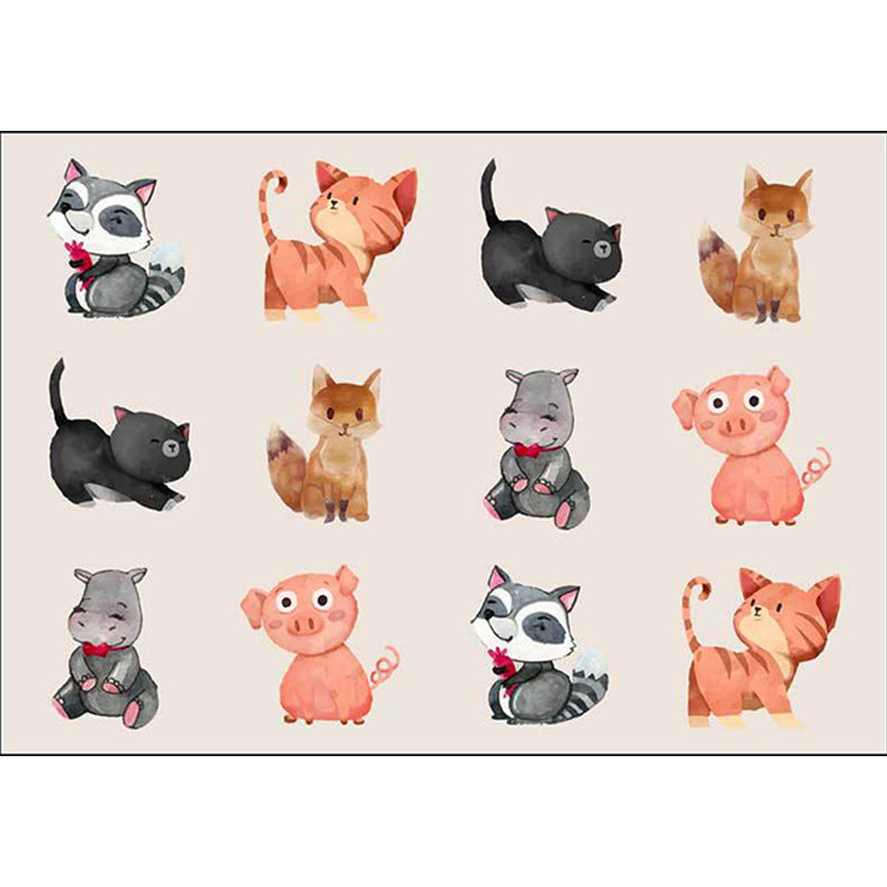 Lisslune | Kids Bedroom Rug in Ivory Animal Dog Cat Pig Print Rug Polyester Non-Slip Back Area Rug