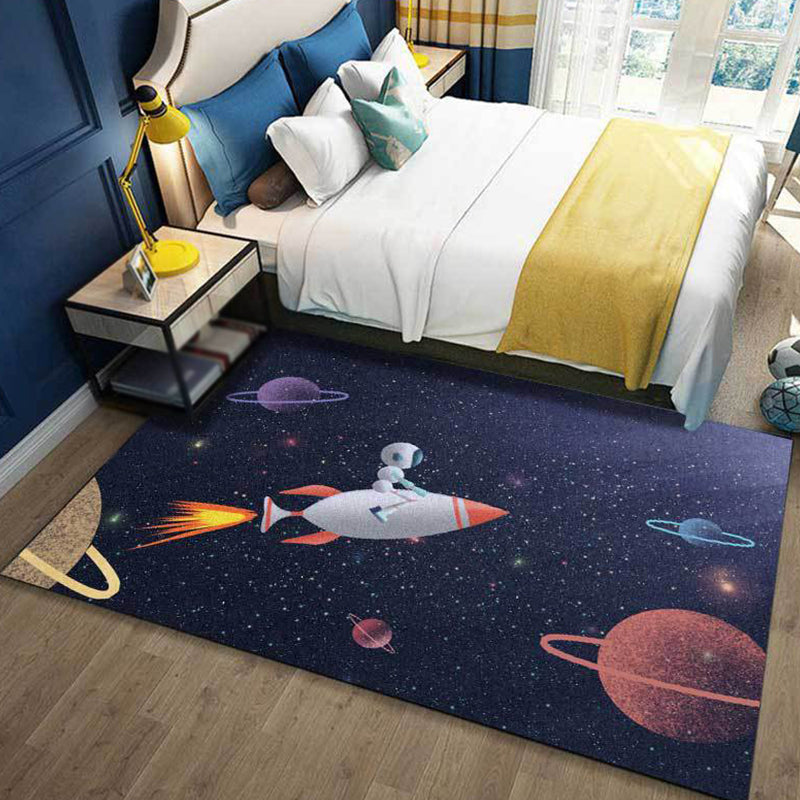Lisslune | Kids Bedroom Carpet in Blue Outdoor Space Galaxy Rockets Astronaut Print Carpet Polyester Non-Slip Backing Area Rug