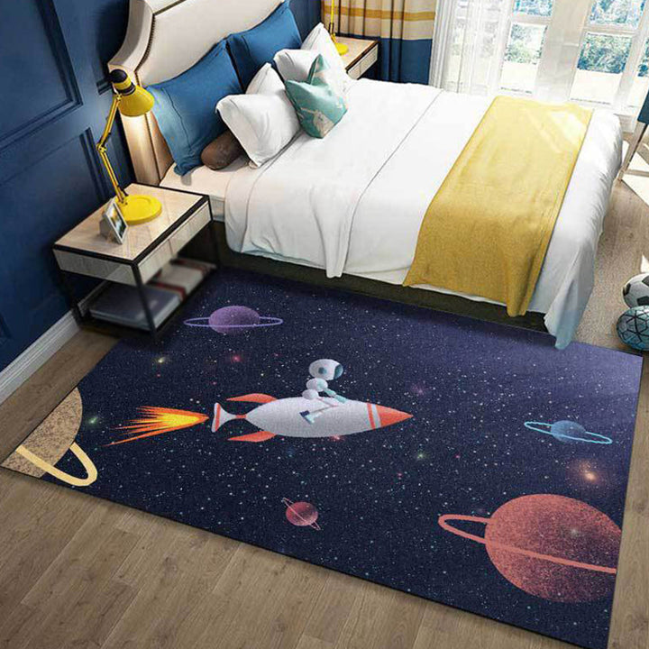 Lisslune | Kids Bedroom Carpet in Blue Outdoor Space Galaxy Rockets Astronaut Print Carpet Polyester Non-Slip Backing Area Rug