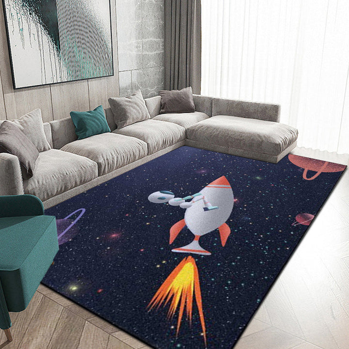 Lisslune | Kids Bedroom Carpet in Blue Outdoor Space Galaxy Rockets Astronaut Print Carpet Polyester Non-Slip Backing Area Rug