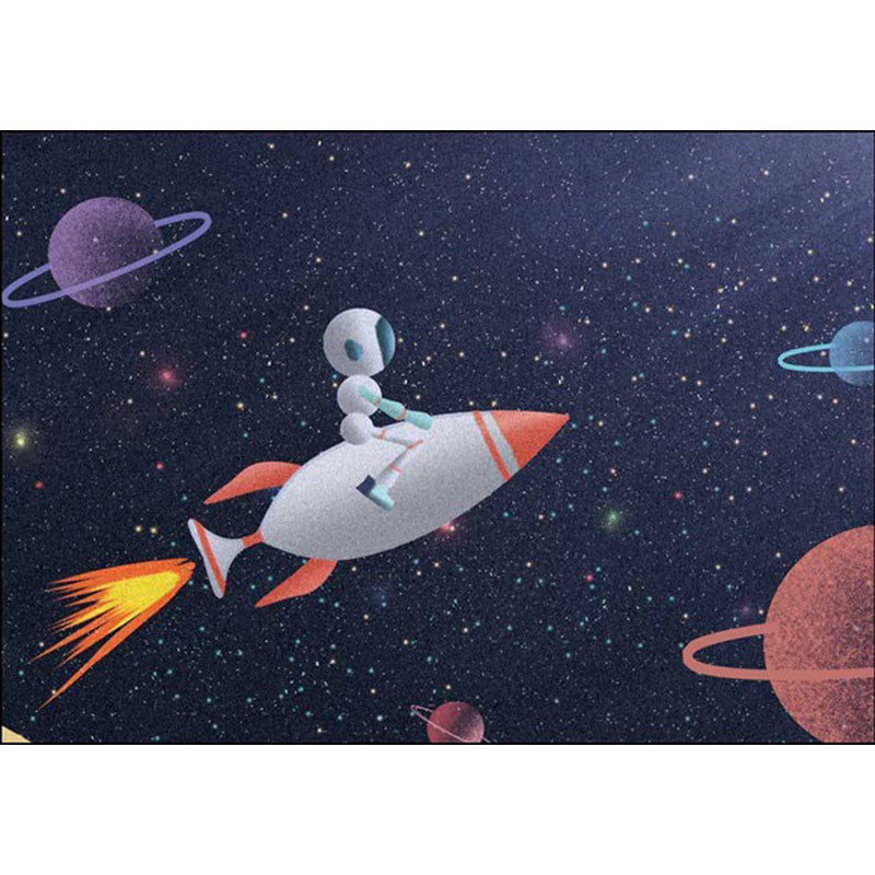 Lisslune | Kids Bedroom Carpet in Blue Outdoor Space Galaxy Rockets Astronaut Print Carpet Polyester Non-Slip Backing Area Rug