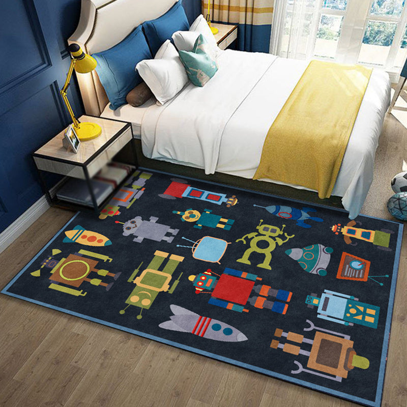 Lisslune | Unique Children's Carpet in Blue Extraterrestrial Robot Rocket Pattern Carpet Polyester Non-slip Underlay Carpet for Children's Room