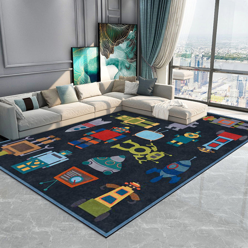Lisslune | Unique Children's Carpet in Blue Extraterrestrial Robot Rocket Pattern Carpet Polyester Non-slip Underlay Carpet for Children's Room