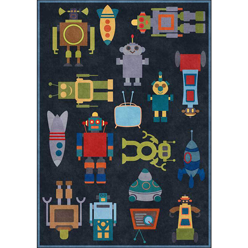 Lisslune | Unique Children's Carpet in Blue Extraterrestrial Robot Rocket Pattern Carpet Polyester Non-slip Underlay Carpet for Children's Room