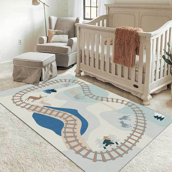 Lisslune | Casual Kids Carpet in Blue Cars & Roads Deer Horse Tree Pattern Carpet Polyester Anti-Slip Back Carpet for the Children's Room
