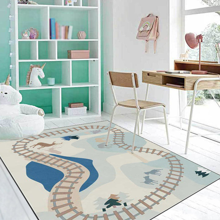 Lisslune | Casual Kids Carpet in Blue Cars & Roads Deer Horse Tree Pattern Carpet Polyester Anti-Slip Back Carpet for the Children's Room