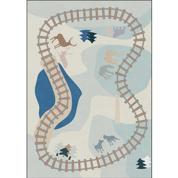 Lisslune | Casual Kids Carpet in Blue Cars & Roads Deer Horse Tree Pattern Carpet Polyester Anti-Slip Back Carpet for the Children's Room