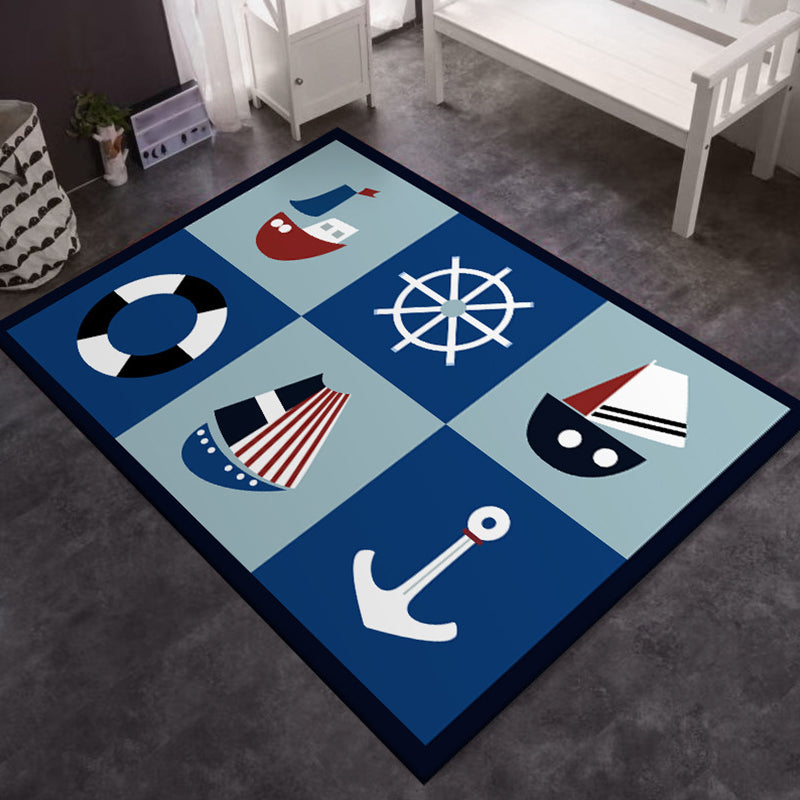 Lisslune | Kids' Bedroom Carpet in Blue Cars & Roads Ship Anchor Steering Wheel Printed Carpet Polyester Machine Washable Carpet