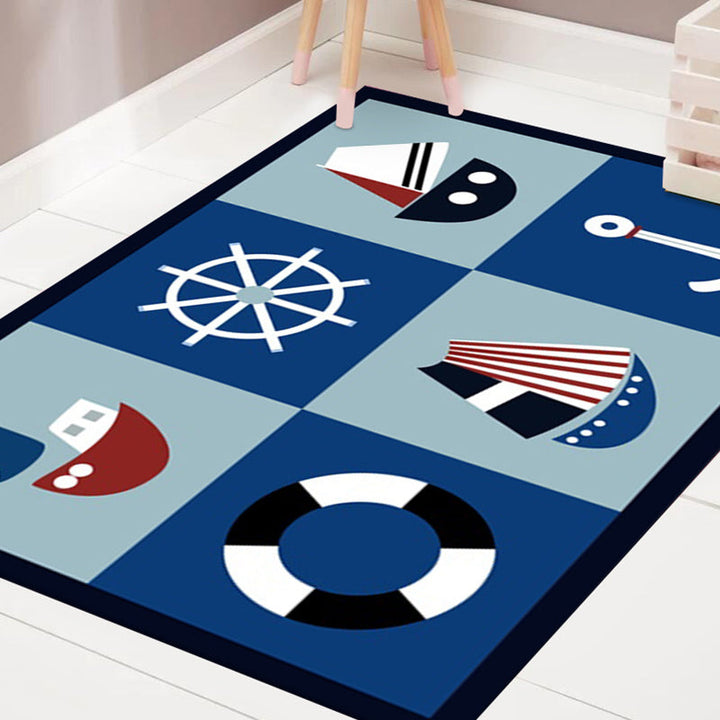 Lisslune | Kids' Bedroom Carpet in Blue Cars & Roads Ship Anchor Steering Wheel Printed Carpet Polyester Machine Washable Carpet